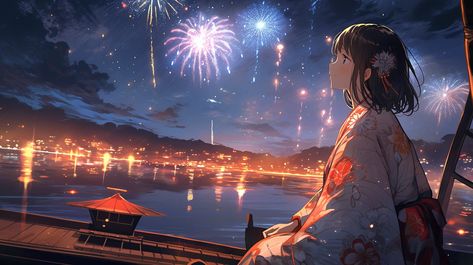 Anime Fireworks Background, Anime Fireworks, Fireworks Anime, Fireworks Drawing, How To Draw Fireworks, Blender Character Modeling, Desktop Environment, Fireworks Background, Fairy Wallpaper