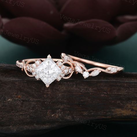 Princess cut moissanite ring set Unique rose gold engagement ring set Dainty diamond bridal set Twist promise ring Antique marriage ring ● Engagement Ring information: --main stone: Moissanite --stone size & shaped: 6.5mm & Princess cut --side stones: Moissanite or Diamond --side stone weight: about 0.22ct ● Wedding Band information: --stone: Moissanite or Diamond  --stone weight: 0.17ct --shape: marquise/round --band width & thickness: 1.2mm & 1.2mm ● Optional service: --personalized order --ru Vintage Princess Cut Rings, Rotated Princess Cut Engagement Ring, Vintage Princess Cut Engagement Ring, Marquise Diamond Ring With Band Bridal Sets, Tilted Princess Cut Engagement Ring, Marquise Diamond Ring Silver, Unique Princess Cut Engagement Rings, Vintage Gold Wedding Rings, Bridal Ring Sets Princess Cut