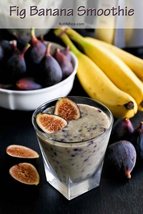 This Fig Banana Smoothie with figs, bananas, and your choice of a non-diary milk is a must-try. It has a honey sweet and mildly earthy taste. | RotiNrice.com #figsmoothie #bananasmoothie #smoothie Fig Juice, Fig Smoothie, Pineapple Banana Smoothie, Breakfast Favorites, Eggs Potatoes, Oat Smoothie, Strange Fruit, Recipes Smoothies, Fig Recipes