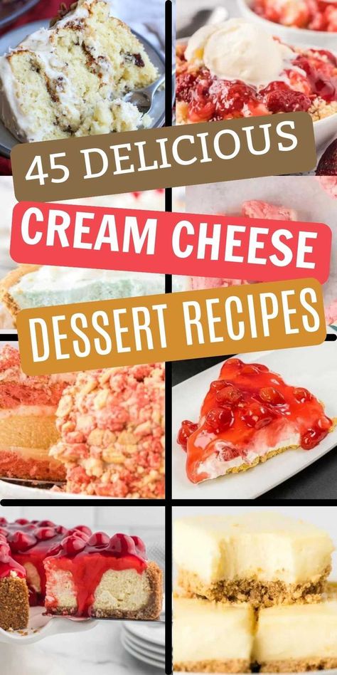 Get ready to indulge in a velvety and luscious world of cream cheese desserts. From cheesecakes to brownies, they are easy to make. Whether you're a cheesecake lover or a fan of fruity toppings. Get ready to sink your teeth into these scrumptious and delicious desserts with cream cheese. #eatingonadime #creamcheesedesserts #desserts Cream Cheese Easy Dessert, Simple Cream Cheese Recipes, What To Use Cream Cheese For, What To Eat With Cream Cheese, Cream Cheese Desert, Pie Crust With Cream Cheese Recipe, Desserts With Cream Cheese And Cool Whip, Cakes With Cream Cheese In Them, Deserts Using Cream Cheese