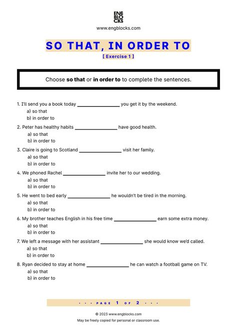 #sothatinorderto #english #englishgrammar #esl #eslworksheet #engblocks #eslwebsite English Grammar Exercises, Grammar Exercises, Values Education, English Grammar Worksheets, Complete Sentences, English Lessons For Kids, Grammar Worksheets, Learn English Vocabulary, Esl Worksheets