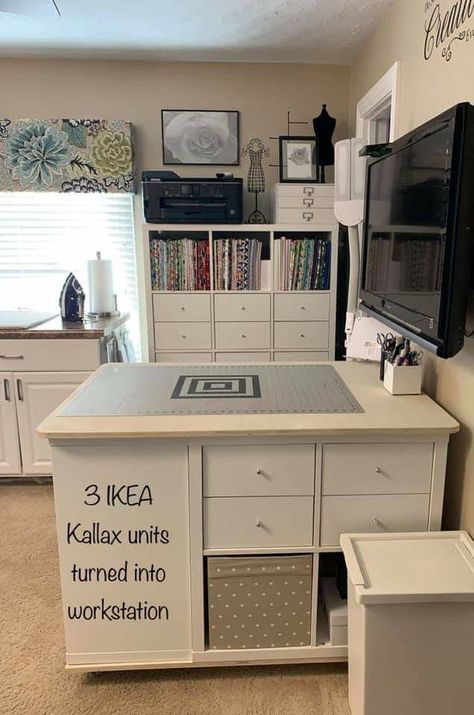 Craft Room With Island Work Spaces, Home Office Sewing Room Combo, Project Room Ideas, Craft Room Library Combo, Office Sewing Room Combo, Small Office Craft Room Combo, Cricut Desk Ideas, Craft Room Layout Ideas Floor Plans, Home Office And Craft Room Combo