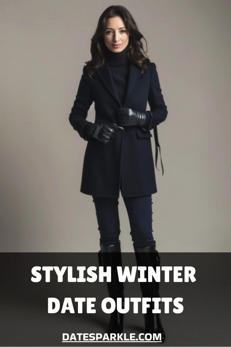 Woman wearing a dark winter coat, gloves, and boots, with text "Stylish Winter Date Outfits" at the bottom. Cold Weather Date Night Outfit Casual, Winter Formal Dinner Outfit, Nyc Date Night Outfit Winter, Classy Dinner Outfits For Women Winter, Winter Dress Outfit Formal Classy, Outfits For Theatre Night Winter, Evening Winter Outfits, Dress For Dinner Night Classy, Out To Dinner Outfit Winter