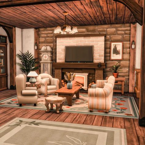 Check out the video tour in my YouTube channel 🤗 Cottage House Bloxburg Interior, Sims 4 Cottagecore Living Room, Sims 4 Rustic Living Room, Cosy Bloxburg House, Sims 4 Farm Interior, Cottage Core Bloxburg Living Room, Sims 4 Cc Farmhouse Living Room, Sims 4 Living Room Ideas Cottage, Sims Farmhouse Interior