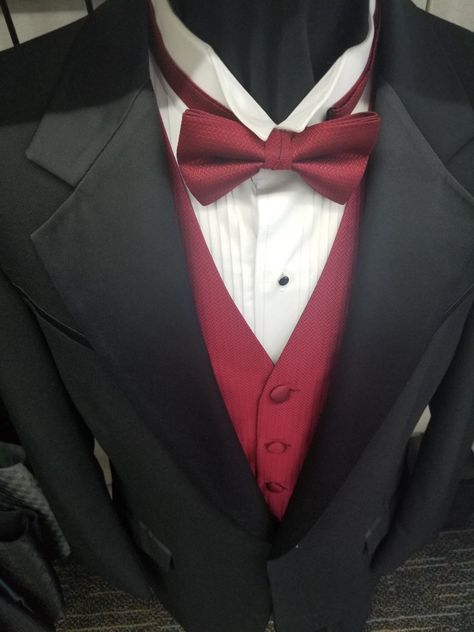 Apple red vest and bow tie Black Suit And Tie, Vest And Bow Tie, 10th Grade, Red Vest, Military Ball, Apple Red, Black Suit, Vest White, Black Suits