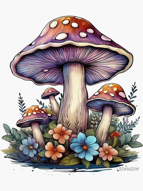 Mushroom Flower Drawing, Mushroom Garden Tattoo, Shroom Drawings, Fungi Illustration, Flowers And Mushrooms, Mushroom Illustration, Colorful Mushrooms, Garden Tattoos, Mushroom Garden