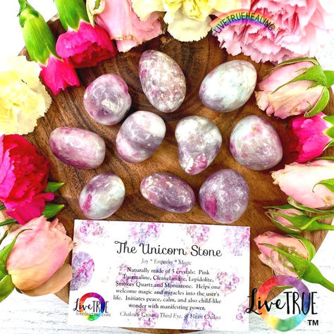 "The incredible and magical 5 in one crystal named \"The Unicorn Stone\" for its unique make up and its magical frequency! Each crystal Is packed with 5 stones in one: Moonstone for intuition. Pink Tourmaline for light-filled, heart-centered protection. Lepidolite for complete mood-lifting, joy boosting third eye chakra enhancement. Smokey Quartz for transmutation of negative energy. Cleavlendite for enhancement of Spiritual Connection. With the essence of magic this crystal holds… Unicorn Crystal Meaning, Unicorn Stone Crystal Meaning, Hnk Oc, Crystal Names, Energy Healing Reiki, Rock Minerals, Crystal Therapy, Crystal Magic, Beautiful Rocks