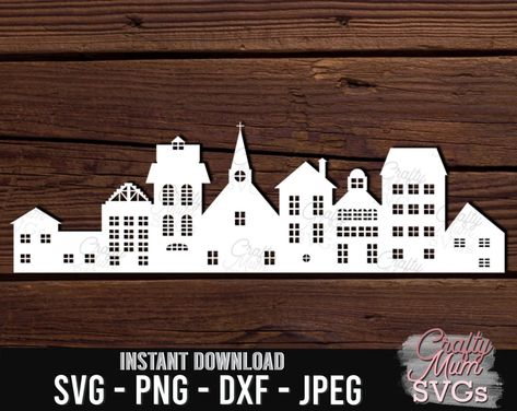 Christmas Village Silhouette, Village Silhouette, Building Silhouette, Village Christmas, Houses Christmas, Christmas Houses, Skyline Silhouette, How To Make Stencils, Winter Village