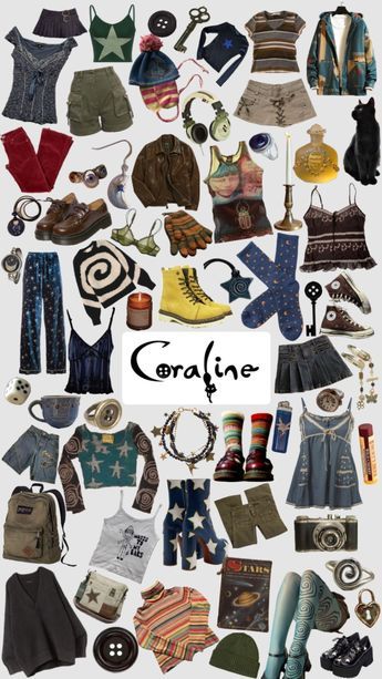 Check out frozencokes's Shuffles #coraline #coralinemovie #coralinejones #coralineaesthetic #movies #alt #grunge Coralines Closet Aesthetic, Coraline Outfits From Movie, Coraline Costume Ideas, Coraline Outfit Ideas, Coraline Aesthetic Outfit, Coraline Clothes, Coraline Inspired Outfit, Coraline Style, Coraline Outfit