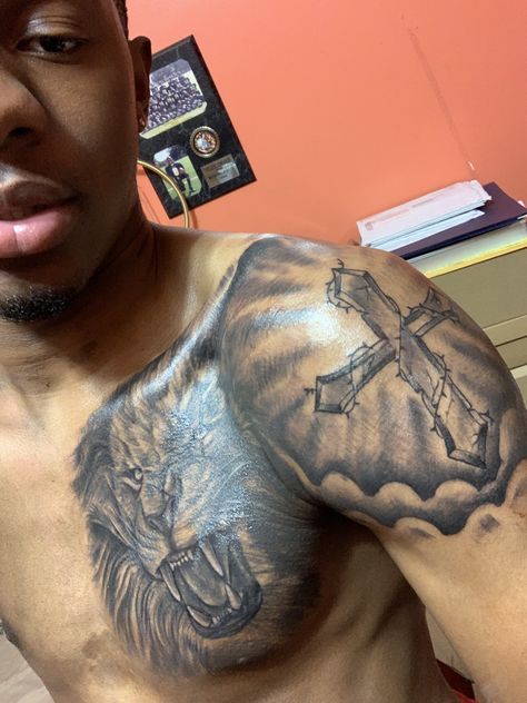 Cross On Shoulder Tattoo For Men, Christian Chest Tattoos For Men, Cross On Shoulder Tattoo, Shoulder Tattoo Designs Men, Pec Tattoo Men Ideas, Cross Tattoos For Men Shoulder, Chest To Arm Tattoo Men, Shoulder Cross Tattoo Men, Christian Shoulder Tattoo