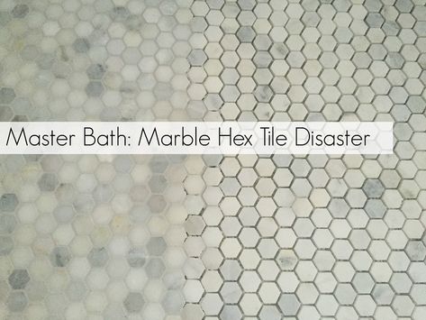 A Master Bath Marble Hex Tile Disaster Subway Tile Shower With Hexagon Floor, Calcutta Hexagon Tile Bathroom, Small Marble Hexagon Tile Bathroom, 2 Inch Marble Hexagon Tile Bathroom, Hexagon Tiles Shower Floor, White Hexagon Tiles Bathroom, Bathrooms With Hexagon Tile Floor, Marble Hex Bathroom Floor, Hex Marble Tile Bathroom