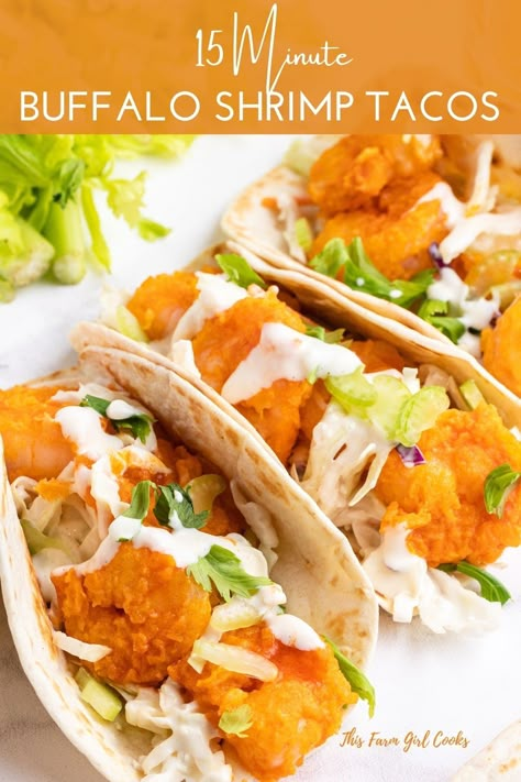 Buffalo Shrimp Tacos, Shrimp Tacos Recipe, Field Meals, Buffalo Shrimp, Buffalo Recipe, Shrimp Taco Recipes, Shrimp Dinner, Easy Weeknight Dinner, Shrimp Tacos