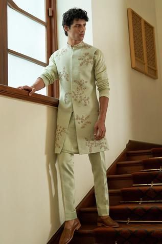 Green Sherwani For Men, Green Sherwani, Indian Wedding Clothes For Men, Mens Indian Wear, Wedding Kurta For Men, Mehendi Outfit, Placement Embroidery, Mens Sherwani, Sherwani For Men