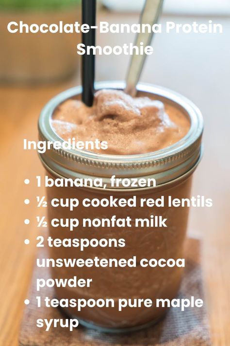 "Indulge in this delicious and nutritious Chocolate-Banana Protein Smoothie! Perfect for a post-workout snack or a healthy treat, it combines frozen banana, cooked red lentils, nonfat milk, unsweetened cocoa powder, and pure maple syrup. Blend it up and enjoy today! 🍫🍌 #SmoothieRecipe #ProteinSmoothie #HealthySnacks #WeightLoss #ChocolateBanana" Cooking Red Lentils, Banana Protein Smoothie, Unsweetened Cocoa Powder, Protein Smoothie Recipes, Red Lentils, Post Workout Snacks, Healthy Treat, Smoothie Ingredients, Red Lentil