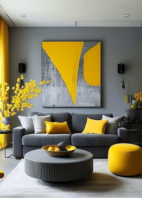 Interior Design Living Room Grey, Gray Living Room Ideas, Mustard Living Rooms, Yellow Walls Living Room, Grey And Yellow Living Room, Stylish Living Room Ideas, Living Room Color Combination, Yellow Decor Living Room, Gray Living Room