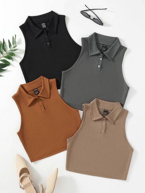 Multicolor Casual   Polyester Plain Tank Embellished Medium Stretch Summer Women Tops, Blouses & Tee Crop Top Fashion Style, Polo Tank Top Outfit, Polo Tops Women, Outfit Ideas With Tank Tops, Non Crop Top Outfits, Tops For Women Trendy Crop, Crop Tank Top Outfit, Crop Top Pattern Free, Ribbed Top Outfit