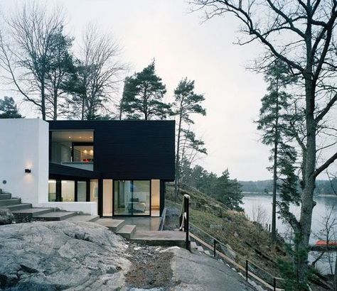 Scandinavian Exterior, Hillside House, House Design Exterior, Swedish House, Body Of Water, Alvar Aalto, Flat Roof, Modern Houses, Modern House Plans