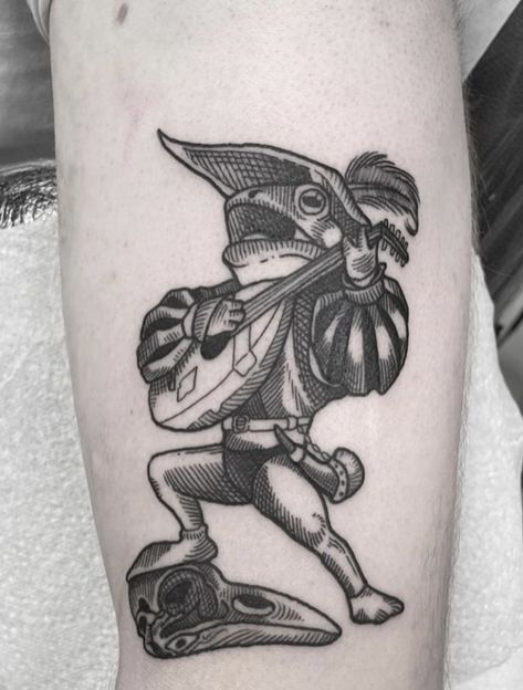 Medieval Frog Art, Medevil Style Tattoos, Medieval Jester Tattoo, Medieval Frog Tattoo, Medieval Knight Tattoo Design, Knight Gauntlet Tattoo, Warrior Frog Tattoo, Frog Knight Tattoo, Small Medieval Tattoo