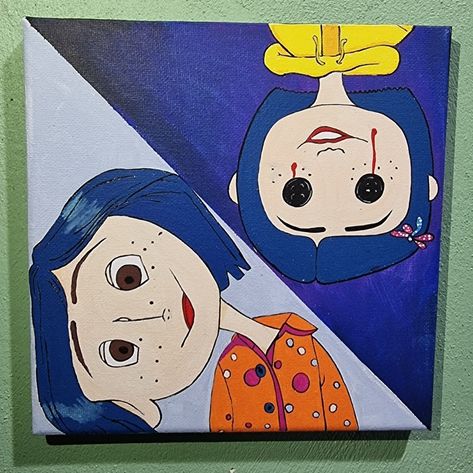 Cute Paintings Disney, Coraline Acrylic Painting, Coraline Canvas Painting Easy, Cute Easy Halloween Paintings, Coraline Art Painting, Coraline Painting Easy, Coraline Painting Ideas, Simple Painting Canvas, Coraline Canvas Painting