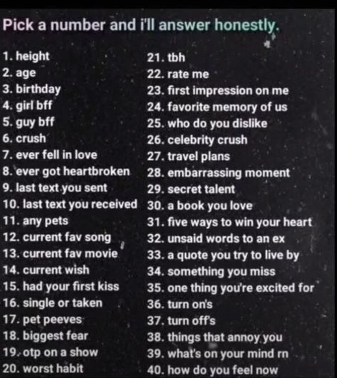 Number Questions, Questions To Ask People, Snapchat Question Game, Funny Texts To Send, Pick A Number, Snapchat Questions, Crush Texts, Questions Instagram, Truth Or Dare Questions