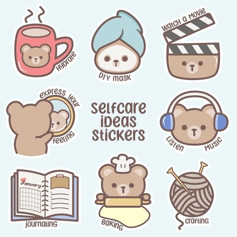 Sticker Gift Ideas, Planner Sticker Ideas, Selfcare Stickers, Self Care Clipart, Self Care Stickers, Diary Sticker, Doodle Stickers, Stickers Ideas, Diy Crafts Love