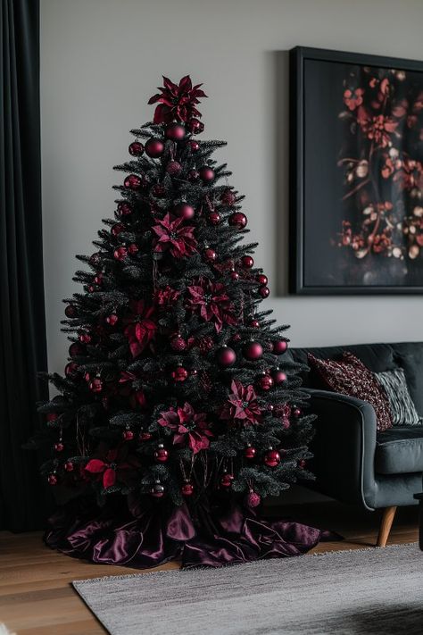 25 Black Christmas Tree Decorations: Stylish Ideas To Try Maroon And Black Christmas Tree, Gothic Xmas Tree, Punk Christmas Tree, Red Black And White Christmas Tree Ideas, Gothic Christmas Tree Decorations, Edgy Christmas Tree, Alt Christmas Tree, Black Xmas Decorations, Black Christmas Tree With Pink Ornaments