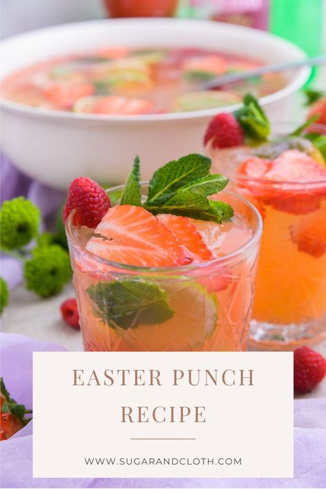 This Easter Punch is the perfect fruity and bright drink for Easter brunch. Serve it as a cocktail or skip the vodka for a kid-friendly mocktail! Easter Lunch Drinks, Easter Drinks For Adults Pitcher, Spring Punch Recipes Alcohol, Easter Brunch Drink Ideas, Easter Punch Recipes Alcohol, Easter Punch Recipes For Kids, Punch For Easter Brunch, Easter Batch Cocktails, Easter Brunch Drinks Non Alcoholic