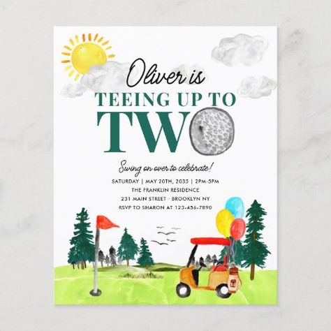 $1.27 | Budget Teeing to Two Golf Boy Golfing 2nd Birthday - budget golfing golf birthday invitation, teeing up to two, golf ball and clubs, birdies and eagles, sports little pro tee time, golf golfer par tee, golf course cart balloon, 2nd second two year old, cheap children birthday party invitation, kid boy girl birthday invitation Par Tee Golf, Golf First Birthday, Sports Birthday Invitations, Birthday Note, Par Tee, Golf Birthday Party, Sports Birthday Party, Birthday Postcards, Golf Birthday