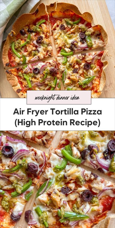 Healthy Pizza Tortilla, Healthy Pizza Recipes Tortilla, Pizza On Tortilla Shells, Air Fryer Pizza Tortilla, Tortilla Pizza In Air Fryer, Tortilla Air Fryer, Flour Tortilla Pizza, Air Fryer Tortilla Pizza, Balanced Snacks