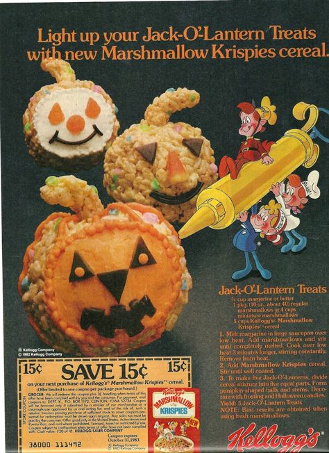 Marshmallow Krispies, Vintage Halloween Recipes, Halloween Rice Krispies, 1980s Halloween, Spooky Things, Vintage Food, Halloween Pins, Poster Ads, Halloween Images