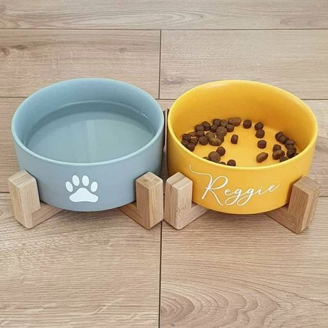 Dog Bowl Aesthetic, Dog Bowl Design, Wooden Dog Bowl Stand, Dogs Bowls, Cute Dog Bowls, Custom Dog Bowls, Pet Spa, Dog Bowl Stand, Pet Boarding