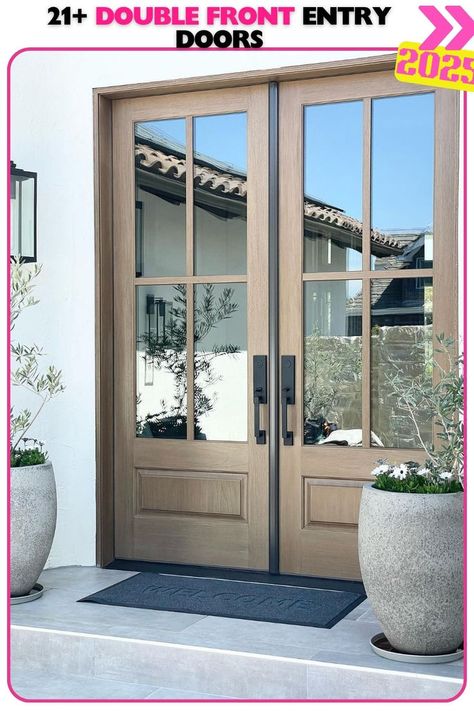 Modern wooden double front entry door with glass panes, bringing warmth and style to the entrance. The glass panes add brightness, making this door both functional and beautiful. Patio Doors Ideas, Patio Door Ideas, Outdoor French Doors, French Doors Patio Exterior, Double Front Entry Doors, Entry Door With Sidelights, Entry Door Designs, Front Entry Door, Exterior Entry Doors