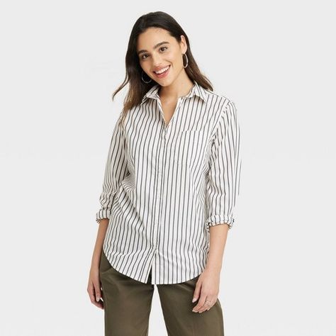 Women's Slim Fit Boyfriend Tailored Long Sleeve Button-Down Shirt - A New Day™ Black/White Striped M Breezy Aesthetic, Boyfriend Shirt, Chic Outfit, Hem Style, Easy Breezy, Poplin Shirt, Womens Clothing Sizes, Boyfriend Fit, Linen Women