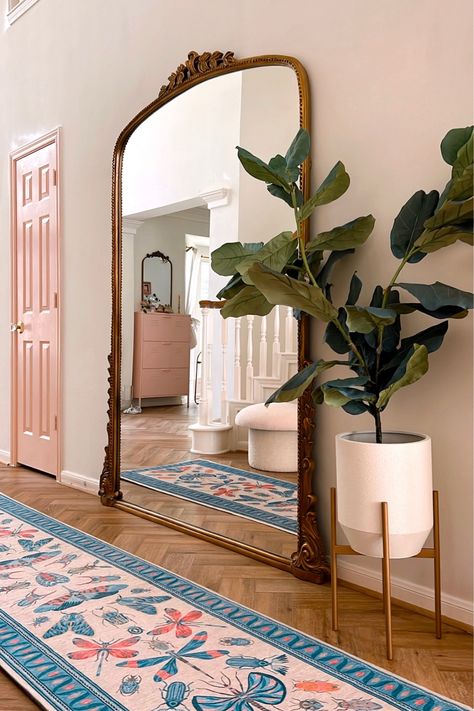 Large Entry Mirror Ideas, Big Standing Mirror In Living Room, Anthropologie Primrose Mirror Entryway, Primrose Mirror Entryway, Anthro Mirror Entryway, Big Gold Mirror Living Room, Floor Mirror Styling, Large Floor Mirror In Bedroom, Entryway Large Mirror