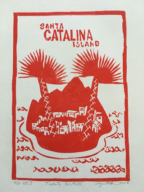 Twenty Six Miles Across the Sea. . . Santa Catalina is Waiting for Me.  I made this print from a vintage travel poster for Santa Catalina Island. It's fun and simple and will ultimately become a reduction print, but I just don't have the heart to cut her away just yet. I chose colors that resemble the famous and highly coveted Catalina pottery. Overview: - Title: Twenty Six Miles - Linocut Relief Print- Limited Edition - Printed on 74 gsm paper - Prints are numbered, titled and signed - Image si Memories Wall, Santa Catalina Island, Sign Image, Coastal Wall Decor, Vacation Memories, Santa Catalina, Beach Posters, Relief Print, Catalina Island