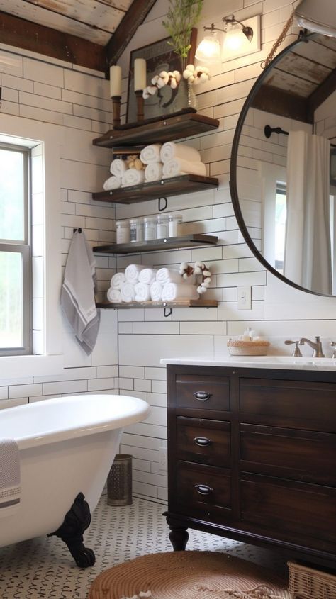 Farmhouse Bathroom Decor Ideas - Remodr 1900 Farmhouse Bathroom, Bathroom Tub Decor Ideas, Farmhouse Tub, Small Farmhouse Bathroom, Future Bathroom, Farmhouse Bathroom Decor Ideas, Farmhouse Bathroom Design, Rustic Farmhouse Bathroom, White Shiplap Wall