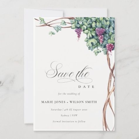 Elegant Watercolor Grapevine Save The Date Card #zazzle #weddinginvitations #birthdayinvitations #babyshowerinvitations #zazzleinvitations #monogram #businesscards #graduation #homedecor Wine Save The Date, Vineyard Save The Date, Watercolor Grape Vines, Garden Party Save The Date, Lavender Save The Date Template, Wedding Invitation Quotes, Foliage Wedding, Elegant Chic, Couple Shower