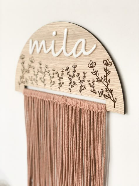 Floral Personalized Wood + Cord Sign // 3D Nursery Sign // Macrame Wall Hanging 12 Inch Wood Circle Signs, Macrame Name Wall Hanging, Macrame Sign, Wood And Macrame, Macrame Wood, Sublimacion Ideas, 3d Name, Hair Clip Holder, Mdf Crafts