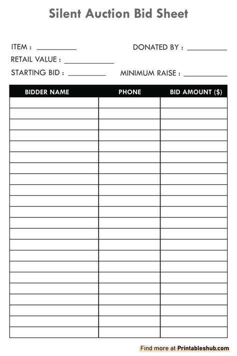 Free Printable Blank Silent Auction Bid Sheet Template PDF Silent Auction Bid Sheets, Auction Games, Silent Auction Fundraiser, Golf Fundraiser, Creative Fundraising, Rosh Hashanah Cards, Auction Fundraiser, Christmas Program, Nonprofit Fundraising