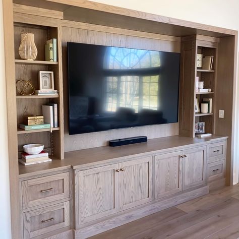 Large Living Room Built Ins, White Oak Built In Tv Cabinet, Maple Built Ins, Built In Tv Stand Living Room, Stained Wood Built Ins Living Room, Tv Wall With Cabinets And Shelves, Wood Stain Built In, White Oak Entertainment Center, Cabinets Around Tv