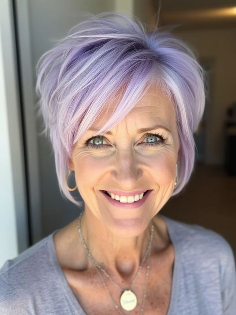 Gray Hair With Lavender Highlights, Lavender Pixie Hair, Grey Hair With Purple Highlights, Lilac Grey Hair, Lavender Pixie, Silver Lavender Hair, Silver Hair Short, Silver Purple Hair, Purple Grey Hair