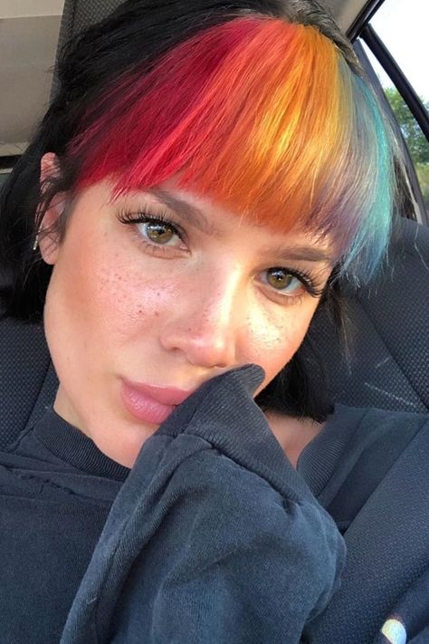 You Might Find Gold at the End of Halsey’s Incredible New Rainbow Bangs Different Colored Bangs, Hair Color Ideas Colorful, Coloured Bangs, Halsey Natural Hair, Halsey Red Hair, Makeup Ideas Colorful, Halsey Rainbow Hair, Rainbow Bangs, Halsey Long Hair