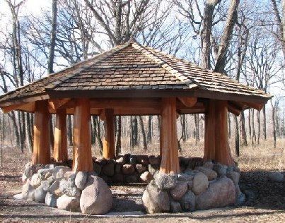 Gazebo...could use lava rock from the fields to build walls Log Gazebo, Log Home Kits, Gazebo Ideas, Gazebo Plans, Home Kits, Log Cabin Kits, Wooden Gazebo, Backyard Gazebo, Cabin Kits