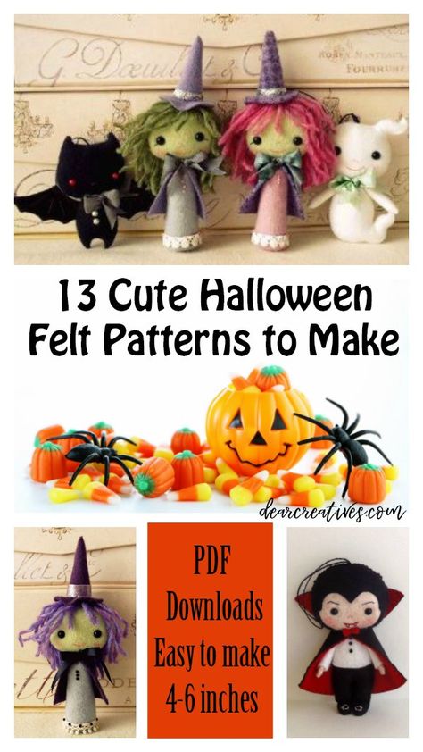 Diy Felt Halloween Decorations, Felt Halloween Ornaments Free Patterns, Spooky Felt Crafts, Felt Halloween Ornaments Sewing Patterns, Halloween Felt Ornaments Michaels Stores, Felt Witch Doll, Felt Patterns Free, Halloween Ornaments Diy, Felt Halloween Ornaments