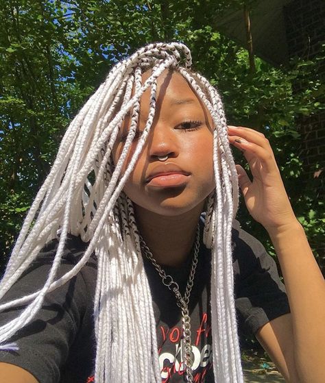 White Twists Braids, White Box Braids On Dark Skin, Braids With White Hair, Lavender Braids For Black Women, White Braids Black Women, Silver Braids For Black Women, White Braids For Black Women, Pastel Box Braids, White Cornrows