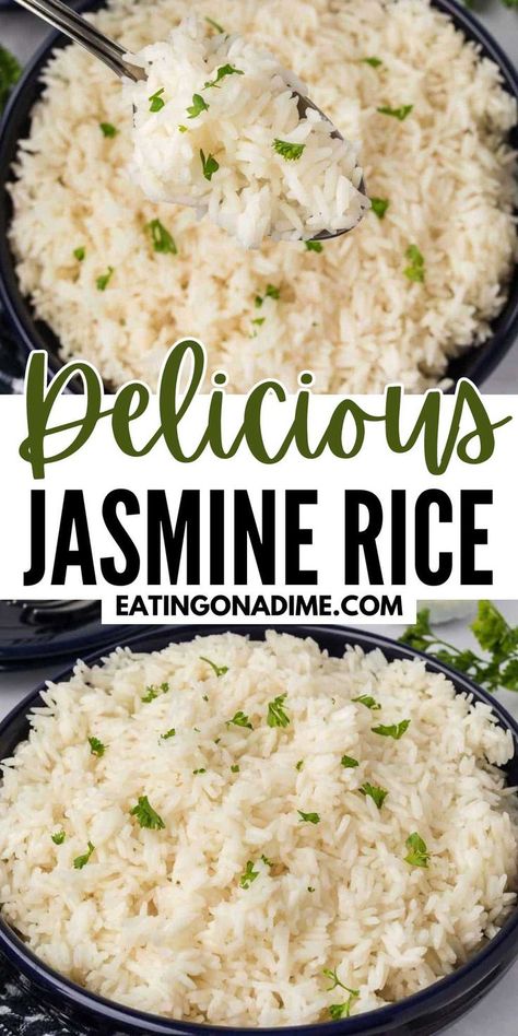 If you love serving rice with your main dish recipes, then you need to make this easy Jasmine Rice Recipe. Simple steps makes this rice easy to prepare. Rice is a staple side dish that I make with grilled, baked, or stovetop recipes. It is budget friendly and easy to make. You can season it in a variety of ways and every one loves it. #eatingonadime #jasminerice #easyrecipe Jasmine Rice Crockpot Recipes, Steamed Jasmine Rice, Good White Rice Recipes, One Minute Rice Recipes, Jasmine Rice Recipes Side Dishes Easy, Perfect Jasmine Rice Stovetop, Healthy Jasmine Rice Recipes, Seasoned Jasmine Rice, What To Make With White Rice