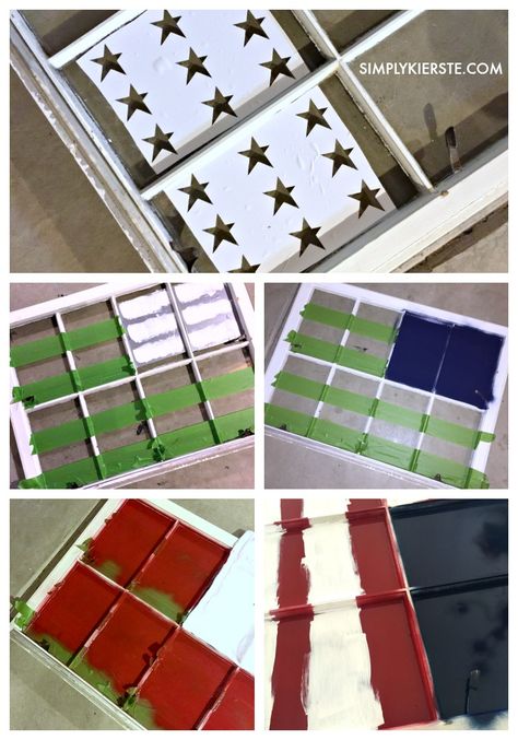 Easy Painted Flag Window | simplykierste.com Window Pane Crafts, Window Pane Art, Old Window Panes, Patriotic Crafts Diy, Barn Wood Art, American Flag Painting, Old Window Projects, Navy Blue Paint, Flag Diy