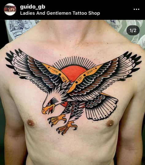 Traditional Egal Tattoo, Americana Chest Tattoo, Eagle Chest Tattoo Men Traditional, Eagle Tattoo Traditional Old School, American Traditional Side Tattoo, Old School Hawk Tattoo, American Traditional Eagle Chest Tattoo, Eagle Chest Tattoo Men, Traditional Tattoo Eagle Chest