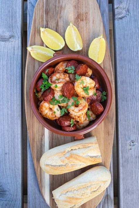 Smoky Garlic King Prawns and Chorizo - Felly Bull Prawn Chorizo, King Prawns, Tapas Dishes, Xmas Dinner, Cherry Tomato, Crusty Bread, Smoked Paprika, Cherry Tomatoes, Garlic