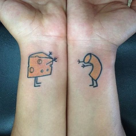 Mac And Cheese Tattoo, Unhinged Matching Tattoos, Cheesy Tattoos, Funny Best Friend Tattoos, Siblings Tattoo Ideas, Funny Matching Tattoos, Siblings Tattoo For 3, Siblings Tattoo, Cute Sister Tattoos